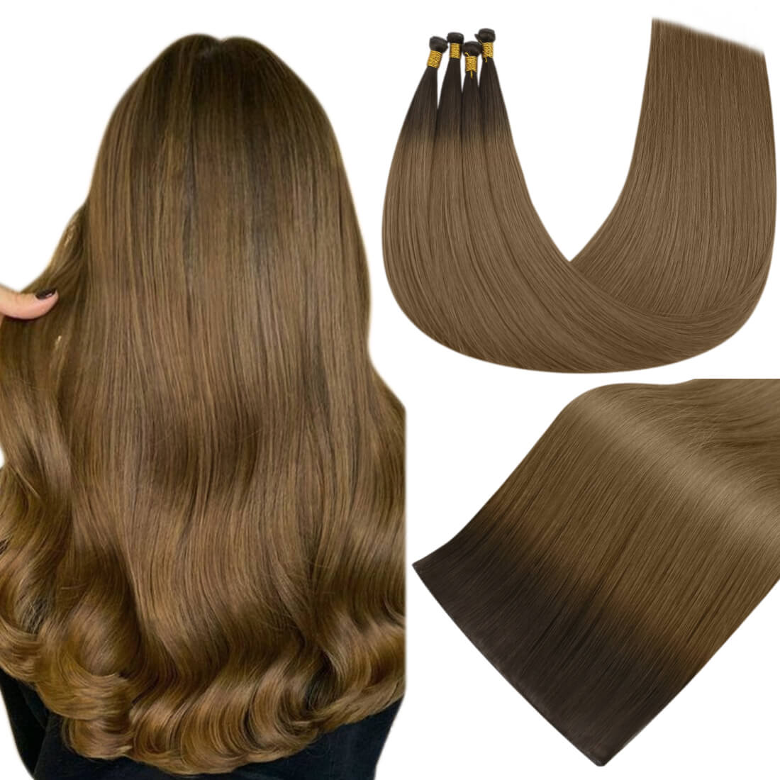 Genius Weft Sew in Hair Extensions Virgin Hair Balayage Brown Hair #R3T8